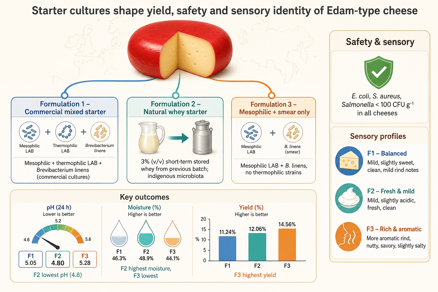 Starter cultures shape yield, safety and sensory identity of Edam-type cheese